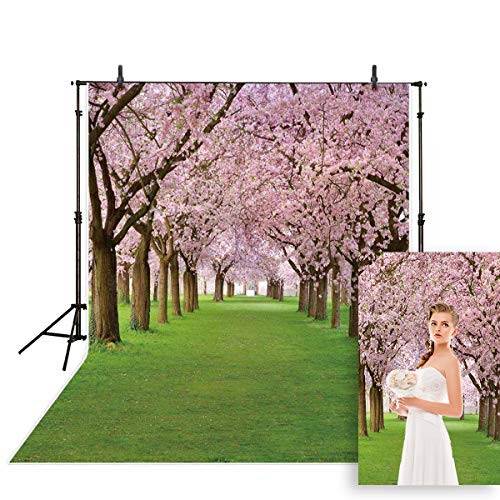 Allenjoy 5x7ft Photography Background Cherry Blossom/Cherry Blossom Flower Street Grass Wedding Baby Shower Spring Photo Video Props Fairy Tale Photo Studio Booth Background