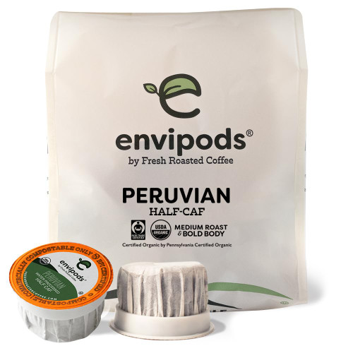 Fresh Roasted Coffee, Organic Peruvian Swiss Water Half-Caf envipods, Fair Trade Kosher, Medium Roast, 12 Count, Compatible With 1.0 & 2.0 K Cup Brewers Fresh Roasted Coffee, Organic Peruvian Swiss Water Half-Caf envipods, Fair Trade Kosher, Medium Roast, 12 Count, Compatible With 1.0 & 2.0 K Cup Brewers