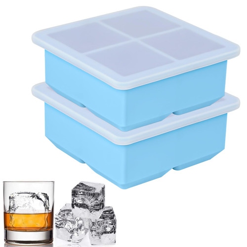 Extra Large Ice Cube Mold with Lid, 2 Pack Silicone Ice Cube Freezer Trays, 2 Inch Giant Ice Cube Molds for Whiskey Bourbon Cocktails Coffee Soup Ice Cubes Tray, Blue