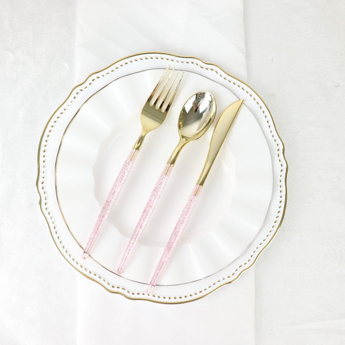 TABLECLOTHSFACTORY 24 Pack | 8" Blush/Rose Gold Glittered Disposable Cutlery Set, Plastic Silverware for Wedding Catered Events Banquet