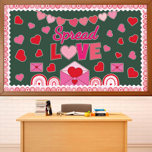 Spread Love Bulletin Board Decorations Valentine Rainbow Envelopes Cutouts for Bulletin Board Border, Valentine's Day Heart Love Bulletin Board With Glue Point Dots for Classroom School Party Supplies