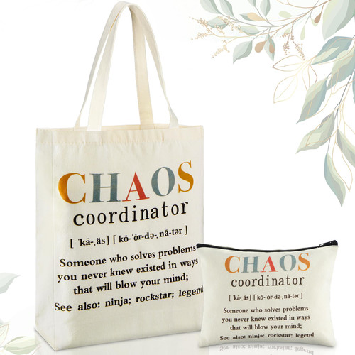 Paterr 2 Pcs Chaos Coordinator Gifts for Women, Appreciation Inspiration Work Gifts, Chaos Coordinator Tote Bag and Chaos Coordinator Makeup Bag for Colleague Assistant Teacher Coworkers Retire Gift