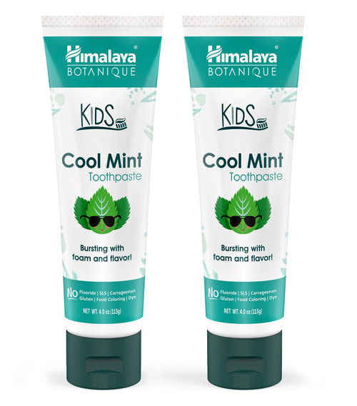 Himalaya Botanique Kids Toothpaste, Herbal, Cool Mint Flavor, Fights Plaque, Fluoride Free, Gentle, No Artificial Flavors or Colors, SLS Free, Gluten Free, Cruelty Free, Vegan, Foaming, 4 Oz, 2 Pack