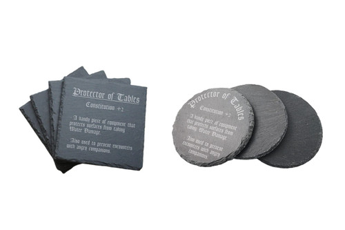 D&D Coaster Set Engraved - Protector of Tables Funny Item Description - dnd, Dungeon Dragons (Slate Round, Single Coaster)