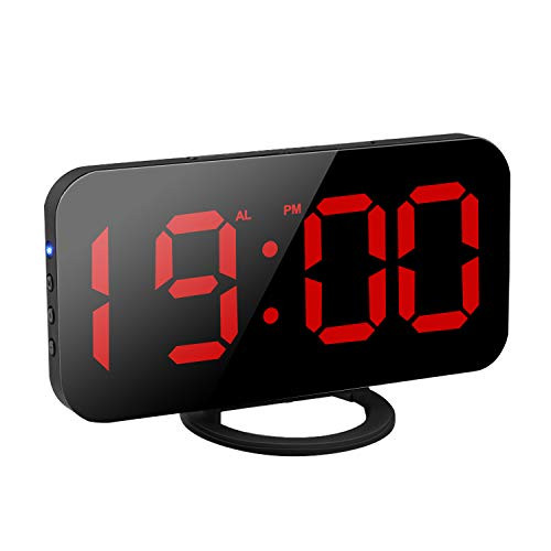 Eternal Home Digital Alarm Clock, Mirror Digital Alarm Clock Large Display for Bedroom with Dual USB Charger Ports LED Clock 6.5" Mirror Surface Easy-Read Clock for Home Office (Red)