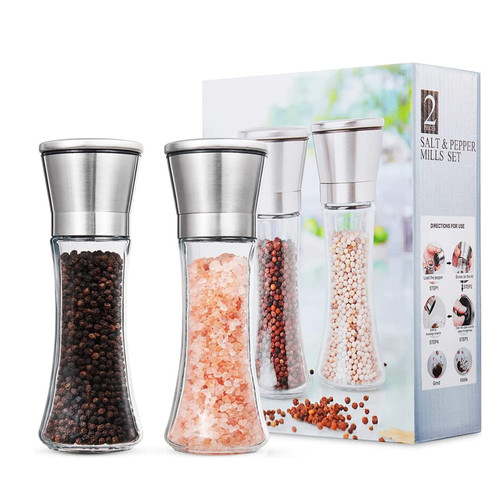 HONORIA Premium Stainless Steel Salt and Pepper Grinder Set of 2 - Adjustable Ceramic Sea Salt Grinder & Pepper Grinder - Glass Salt and Pepper Shakers - Pepper Mill & Salt Mill