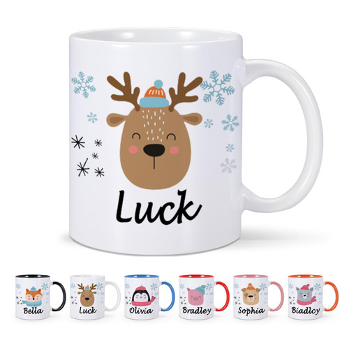 Kids Christmas Mug Gifts, Personalized Name Christmas Coffee Mug, Cute Deer Penguin Bear Hot Chocolate Cup, 11oz Ceramic Tea Cups, Personalized Christmas Holiday Gifts for Children Family, Xmas Decor