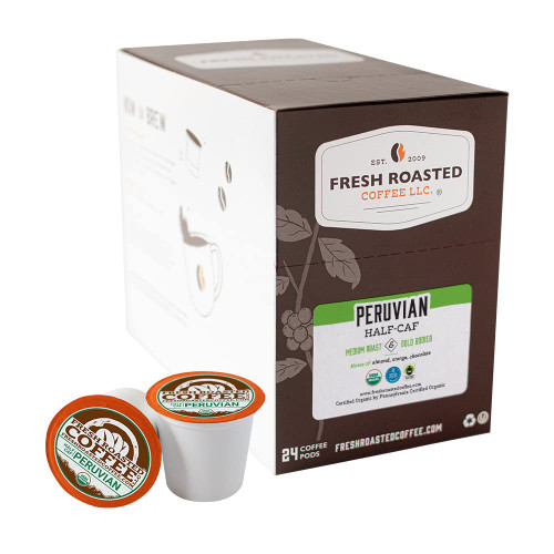 Fresh Roasted Coffee, Fair Trade Organic Peruvian Water-Processed Half-Caf, Kosher | 24 Pods for K Cup Brewers