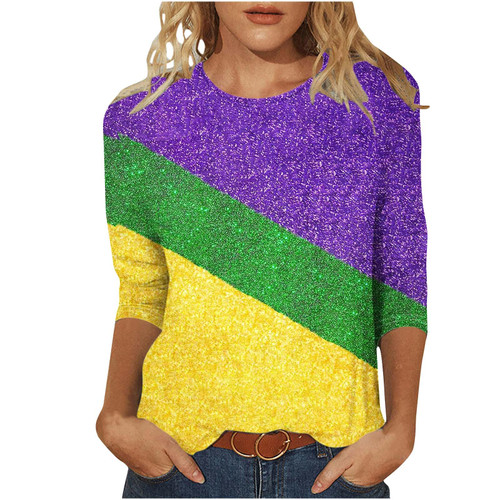 Clearance and Coupons Cheap for Women Lightning Deals of Today 2024 Trendy Novelty Mardi Gras Shirt for Women Mask Print Outfit Loose Fit Crewneck T-Shirts 3/4 Sleeve Dressy Blouses Party Tops
