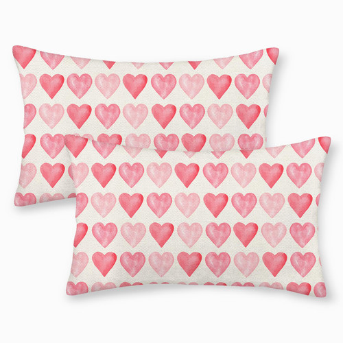Valentines Day Pillow Covers 12x20 Set of 2, Valentines Decor Linen Pillowcase Pink Love Heart Valentines Throw Pillows Anniversary Mother's Day Decorative Outdoor Cushion Case for Sofa Couch