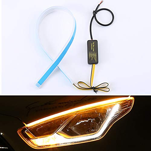 TIDO 2Pcs 24 Inches Dual Color White/Sequence Amber LED Strip Tube,Flexible Daytime Running Lights DRL Switchback Headlight Decorative Lamp and Flowing Turn Signal Light