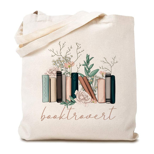 TSIIUO Women's Booktrovert Canvas Tote Bag Funny Flowers Books Graphic Book Lover Gift Reading Reusable Shopping Bag White
