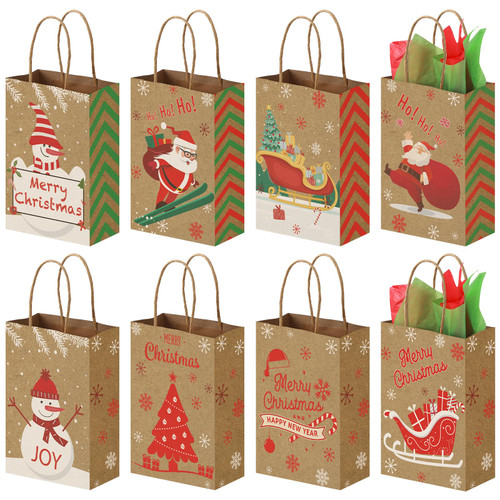 TOXOY 12PCS Christmas Gift Bags with Tissue Paper, Tissue Paper for Gift Bags Christmas Treat Bags with Handle Christmas Goodie Bags for Christmas Party Favors Gift Exchange