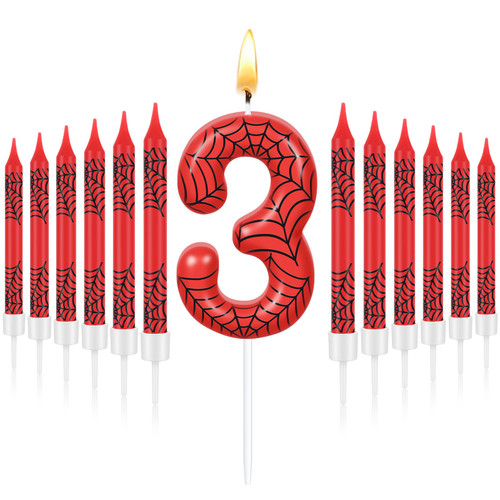 Threlaco 13 Pcs Spider Themed Birthday Candle Set, 12 Spider Web Cake Topper and 1 Number Birthday Candle, Spider Themed Birthday Candle Spider Birthday Cake Decoration for Boy Spider Party (Number 3)