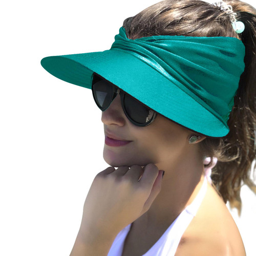 Sun Visor Hat Womens Wide Brim Packable Summer Ponytail Cap UV Protection Beach Sport Cap Blue