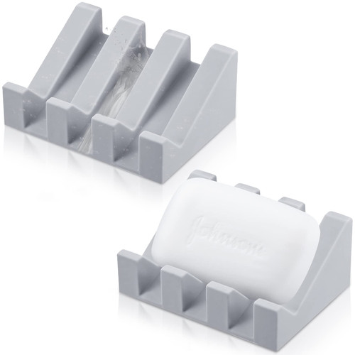 Silicone Soap Dish Self Draining Soap Dish Shower Waterfall Bar Soap Holder Tray with Drain Soap Saver for Kitchen Bathroom Accessories (Light Grey, 2)