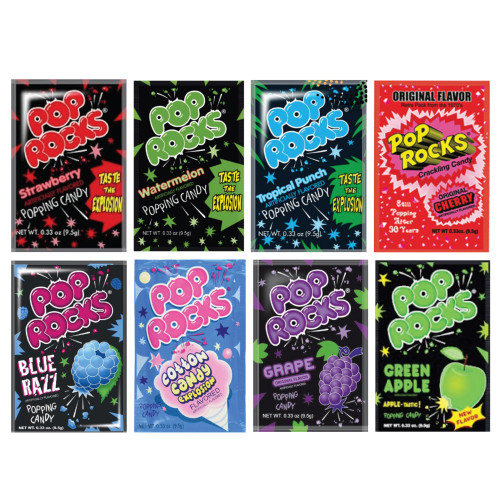 Popping Candy Variety Pack Bundle. Include 8 Flavors of 0.33 Oz Pack Each of Pop Rocks Candy and a Zombibites Fridge Magnet. Taste the Fun of Watermelon Candy, Cotton Candy, Strawberry Candy, & More!