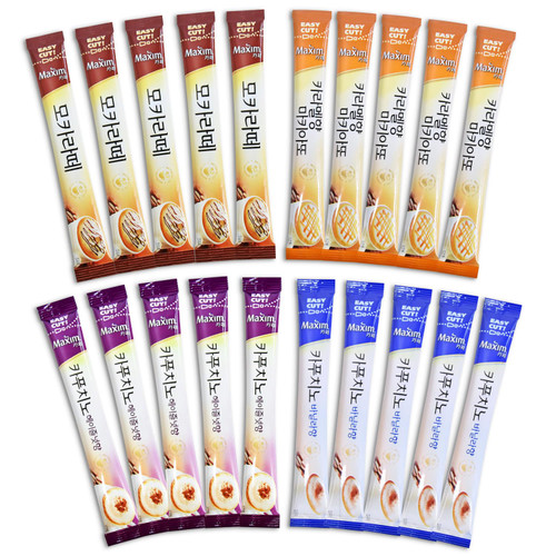 CUTIE MANGO Maxim Variety 20 Sticks Single Serve Premium Korean Instant Coffee Cappuccino Vanilla &Hazelnut Mocha Latte, Caramel Macchiato, 4 Flavors Packs Sampler Easy Cut (5 Sticks Each)
