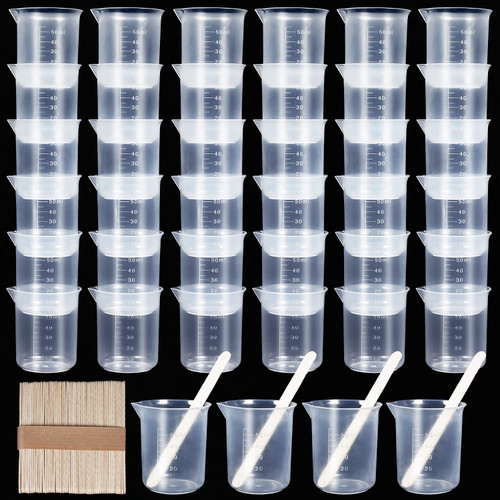 40 PCs 50ML Resin Measuring Cup Reusable Resin Cups Plastic Beakers, 50 PCS Wooden Stir Stick Multipurpose Mixing Cups for Resin Epoxy Mixing Painting Lab Use