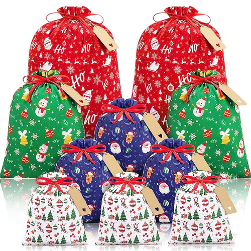 10 PCS Drawstring Christmas Gift Bags Assorted Sizes, Fabric Xmas Gift Bags with Tag, Christmas Wrapping Include Large Medium Small Holiday Gift Bags 10 PCS Drawstring Christmas Gift Bags Assorted Sizes, Fabric Xmas Gift Bags with Tag, Christmas Wrapping Include Large Medium Small Holiday Gift Bags