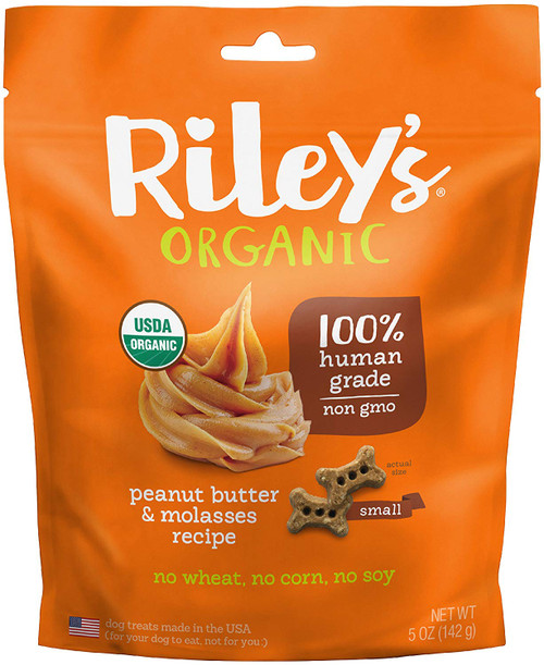 Riley's Organics - Peanut Butter & Molasses - 5 oz Small Biscuits - Human Grade Organic Dog Treats - Resealable Bag