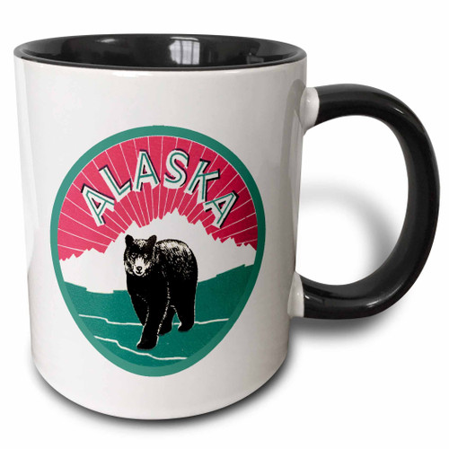 3dRose Alaska Luggage Label With Snow Covered Mountains And A Black Bear Two Tone Mug, 11 oz
