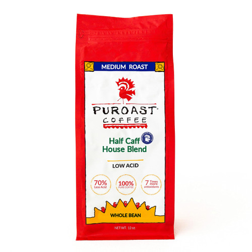 Puroast Low Acid Coffee Whole Bean, Half Caff House Blend, Medium Roast, Certified Low Acid Coffee, pH 5.5+, Gut Health, 12 oz, Higher Antioxidant, Smooth for Espresso, Iced Coffee