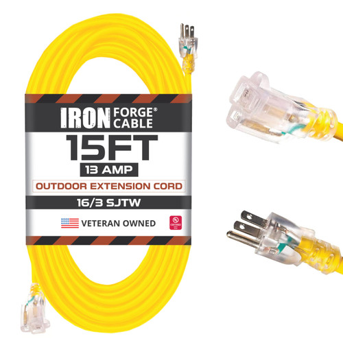 15 Ft Yellow Extension Cord - 16/3 SJTW Lighted Outdoor High Visibility Electrical Cable with 3 Prong Grounded Plug for Safety
