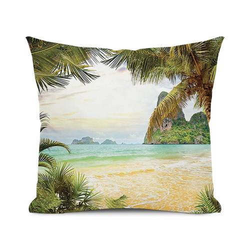 SARNFANS Ocean Cushion Cover Throw Pillows for Couch & Farmhouse Bedroom Decor,Island Beach Image,Print Decorative Square Home Accent Pillow Case,Green Brown 20x20 inch