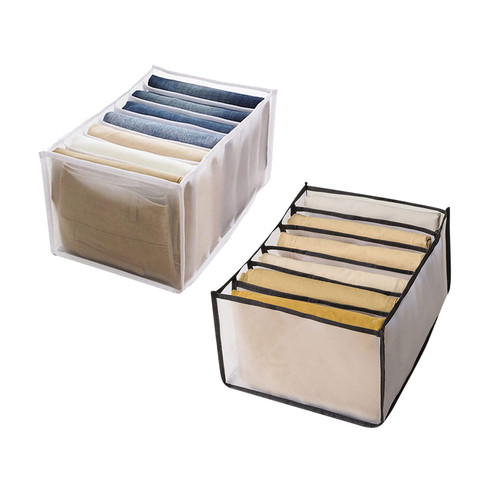 drppepioner 7 Grids Washable Wardrobe Clothes Organizer,Jeans Compartment Storage Box,Foldable Closet Drawer Organizer Clothes Drawer Mesh Separation Box 2pc (4.7X6.7X14.2 in,White + Black)