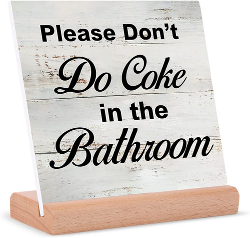 Bedency Funny Bathroom Ceramic Table Plaque with Wooden Stand Rustic Humor Offensive Desk Sign Desk Decor for Home Living Room Office Shelf Table Decoration