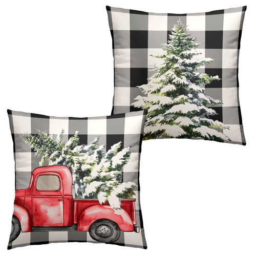 Wnoesat Winter Pillow Covers 18 x 18 Set of 2 Buffalo Plaid Throw Pillow Cover Christmas Tree Truck Cushion Covers Black and White Check Pillow Case Winter Holiday Decor for Home Couch