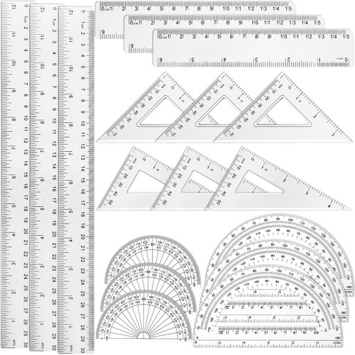 Tenare 3 Sets Plastic Clear Ruler Math Set Includes Protractor, Triangle Rulers,12 Inch 6 Inch Straight Ruler Geometry Math Ruler Transparent Ruler Measuring Tool for School Office Home Supplies