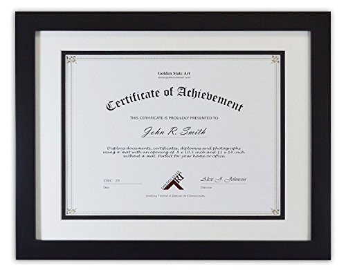 Golden State Art 11x14 Photo Wood Frame, Black, with Real Glass & Double Mat For 8.5x11 Document & Certificates