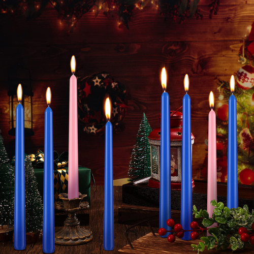 Jutom 8 Pieces Advent Candle Blue Pink Taper Candles Christmas Advent Candle Long Burning Candles 10 Inch Unscented Candlesticks Dripless Candles for Advent Rings Church Celebrations