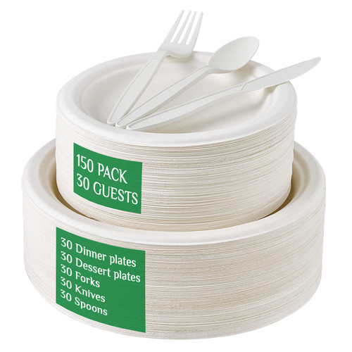FOCUSLINE 150 Count Compostable Paper Plates and Utensils 30 Guest, Heavy-Duty Disposable Bagasse Plates Eco-Friendly Biodegradable Cutlery, Natural Eco-friendly Compostable Dinnerware
