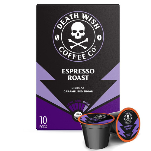 Death Wish Coffee Co. Espresso Roast Single Serve Coffee Pods - Extra Kick of Caffeine - Fair Trade and Organic Coffee (10 Count) Death Wish Coffee Co. Espresso Roast Single Serve Coffee Pods - Extra Kick of Caffeine - Fair Trade and Organic Coffee (10 Count)