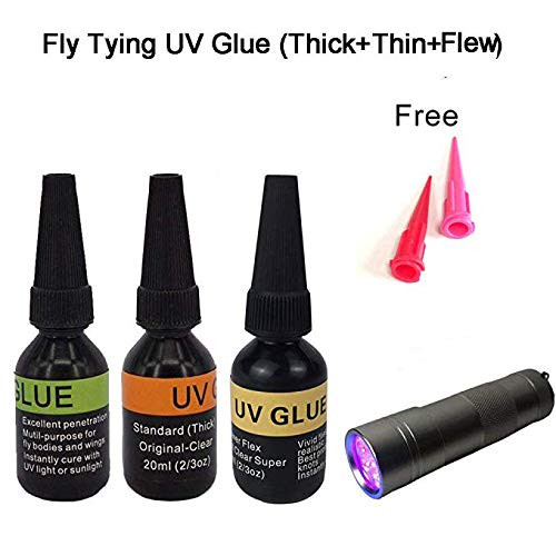 Riverruns UV Clear Glue Three Formula Thick,Thin and Super Flew +12 LED UV Power Light Fly Tying for Building Flies Flies Heads Bodies and Wings Tack Free Special Introductory Sale!