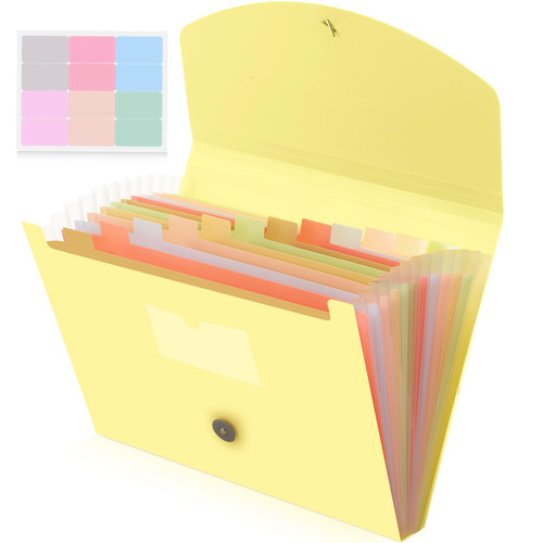 Cholemy Expanding File Folder 13 Pockets File Organizer with Labels A4 Letter Size Receipt Document Organizer Plastic Expandable Filing Folders for Office, Classroom, Home (Yellow)