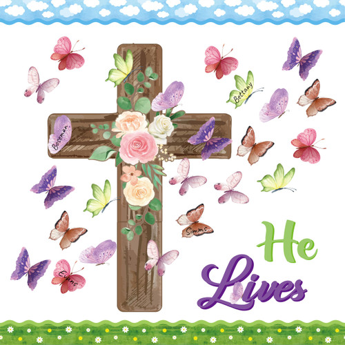 B1ykin 90Pcs Easter He Lives Floral Cross Bulletin Board Decoration Set, Watercolor Butterfly Name Tags Cutouts, Easter Christian Bible Jesus Resurrection Bulletin Boarders for Sunday School Classroom B1ykin 90Pcs Easter He Lives Floral Cross Bulletin Board Decoration Set, Watercolor Butterfly Name Tags Cutouts, Easter Christian Bible Jesus Resurrection Bulletin Boarders for Sunday School Classroom