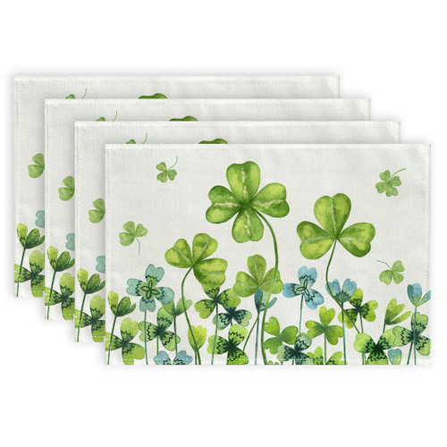 ARKENY St Patricks Day Placemats 12x18 Inches Set of 4, Green Shamrock Spring Seasonal Farmhouse Burlap Indoor Kitchen Dining Table Mats Decorations for Home Party AP548-4