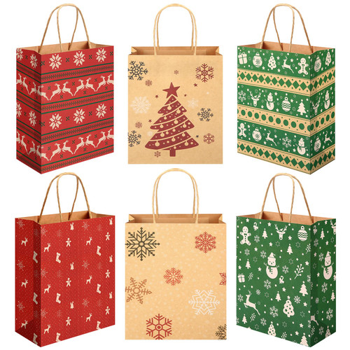 24pcs Christmas Gift Bags with Handle, Christmas Kraft Paper Wrapping Bags Bulk Christmas Trees Snowflakes Reindeer Christmas Pattern Bags for Christmas Gifts Wrapping Holiday Party Favors