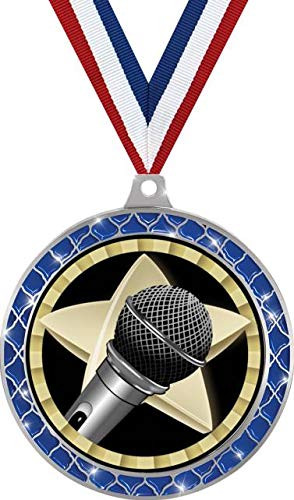 Microphone Blue Trellis Medal Silver, 2.5" Microphone Soloist Prizes, Kids Microphone Trophy Medal Awards 1 Pack
