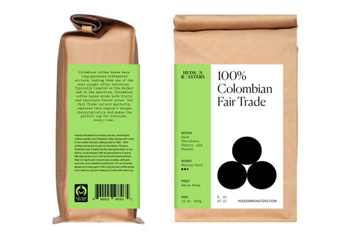 Hudson Roasters Fair Trade Colombian Premium Whole Bean Coffee, Medium-Dark Roast, 12oz bag