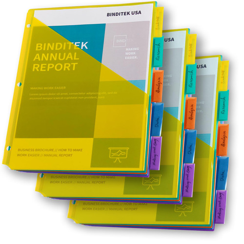 Binditek 3 Set Plastic 5-Tab Binder Dividers with Front Pockets, Tab Insertable Poly Pocket Dividers for 3 Ring Binders, Multicolor, Letter Size, for Students and Coworkers