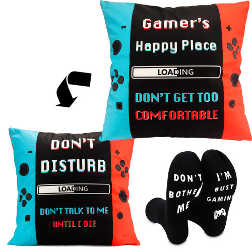 Gamer Gifts for Teen Boys, Gaming Room Decor, Gaming Gifts for Men Boyfriends, Gamer Socks + Throw Pillow Covers 18x18 Inch