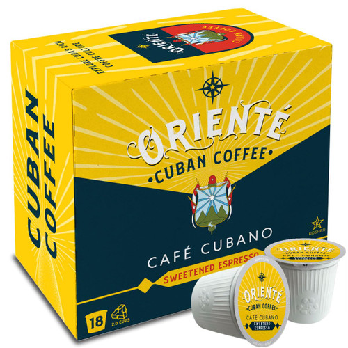 Oriente Dark Roast Cuban Coffee Pods, 18 ct. | Cafe Cubano | Sweetened Espresso | 100% Arabica Dark Roast Coffee | Solar Energy Produced Recyclable Pods Compatible with Keurig K Cups Maker