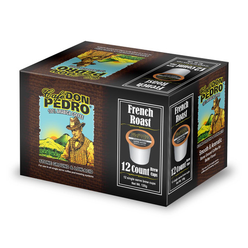 Cafe Don Pedro French Roast Low Acid Coffee Pods - Compatible with Keurig K-cup Coffee Maker, Dark Roast 100% Arabica, Battles Heartburn, Acidic Reflux, 12 count