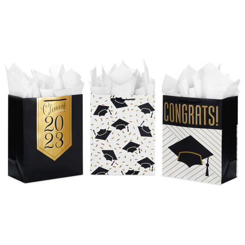 Hallmark 13" Large Graduation Gift Bags Assortment with Tissue Paper (3 Bags: Mortarboards, Class of 2023, Congrats) in Black, White and Gold Hallmark 13" Large Graduation Gift Bags Assortment with Tissue Paper (3 Bags: Mortarboards, Class of 2023, Congrats) in Black, White and Gold