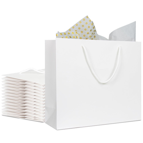 Yetagoo 12 Pack Large White Gift Bags, White Paper Bag with Handles and Tissue Papers, Heavy Duty Wrap Bags for Shopping, Small Business, Bridal Party, Wedding and Holiday (12.5" x4.5" x11")